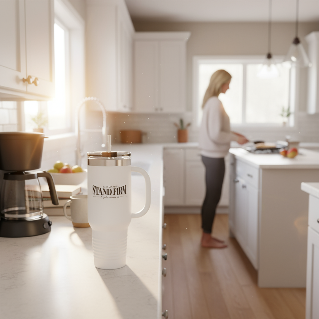 White Stand Firm tumbler on kitchen counter with woman making breakfast