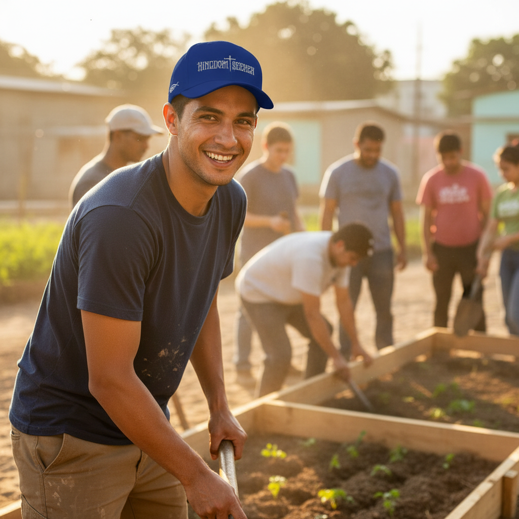 Young man on mission trip wearing royal blue Kingdom Seeker hat