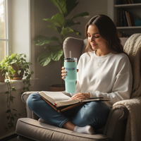 Young woman with mint Stand Firm tumbler doing devotional by window